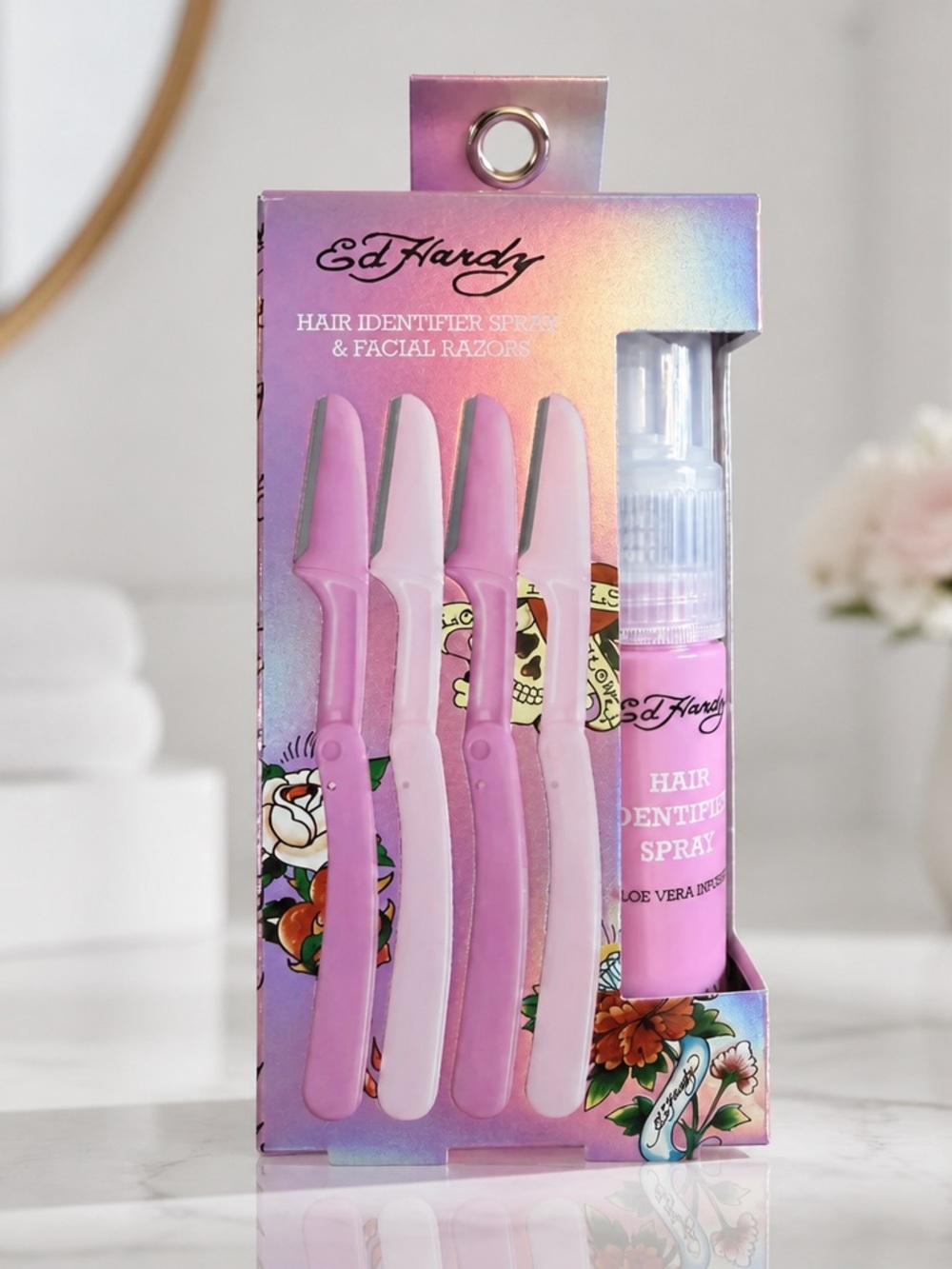 Ed Hardy Hair Identifier Spray & 4 Facial Razors Set New